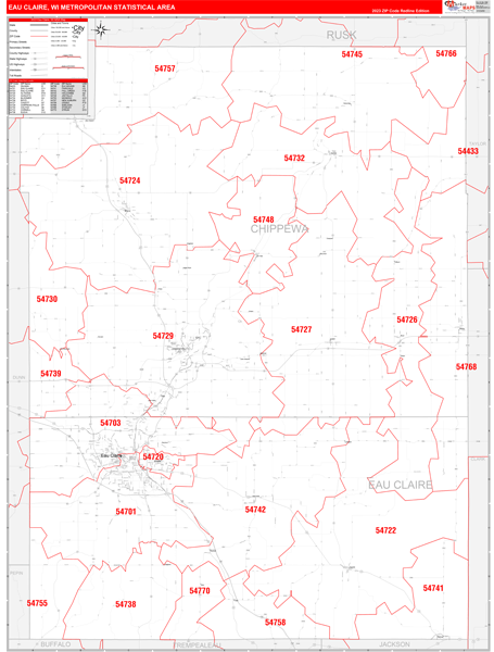 Eau Claire, WI Metro Area Wall Map Red Line Style by MarketMAPS - MapSales