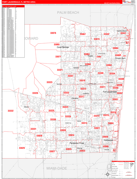 Fort Lauderdale, FL Metro Area Wall Map Red Line Style by MarketMAPS ...