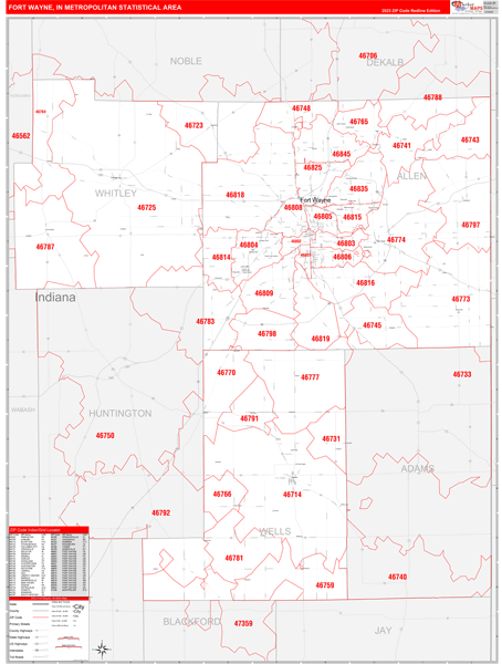 Fort Wayne Metro Area, IN Zip Code Maps - Red Line