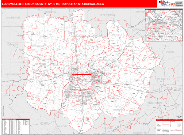 Louisville-Jefferson County, KY Metro Area Zip Code Wall Map Red Line Style by MarketMAPS