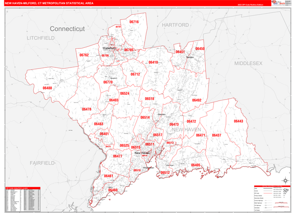 New Haven-Milford, CT Metro Area Wall Map Red Line Style by MarketMAPS ...