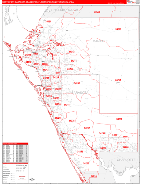 North Port-Sarasota-Bradenton, FL Metro Area Wall Map Red Line Style by ...