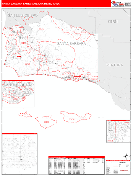 Santa Barbara-Santa Maria-Lompoc, CA Metro Area Zip Code Wall Map Red ...