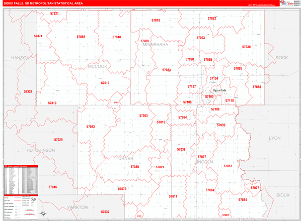 Sioux Falls, SD Metro Area Wall Map Red Line Style by MarketMAPS