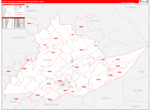 State College, PA Metro Area Wall Map Red Line Style by MarketMAPS ...