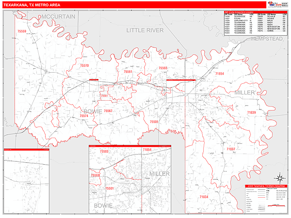 Texarkana Metro Area Zip Code Wall Map