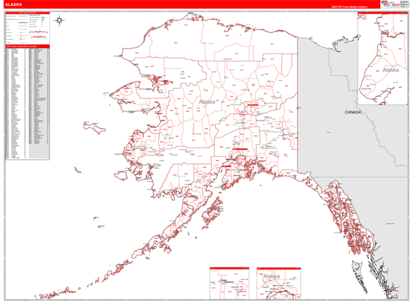 Alaska State Digital Map Red Line Style