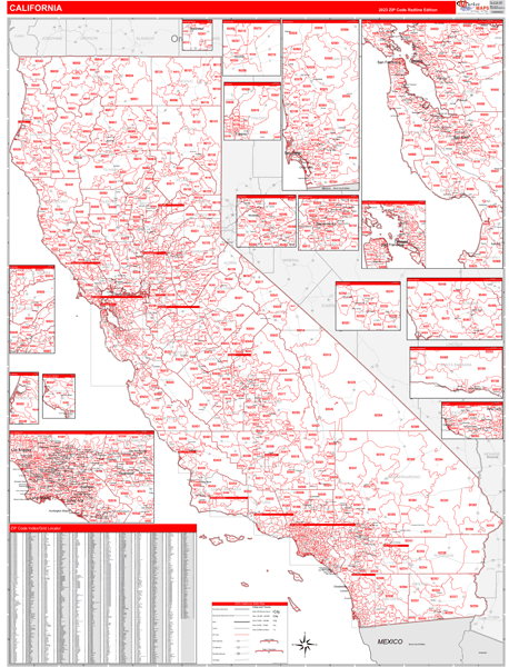 California Zip Code Wall Map Red Line Style by MarketMAPS