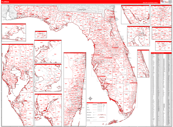 Florida State Wall Map Red Line Style