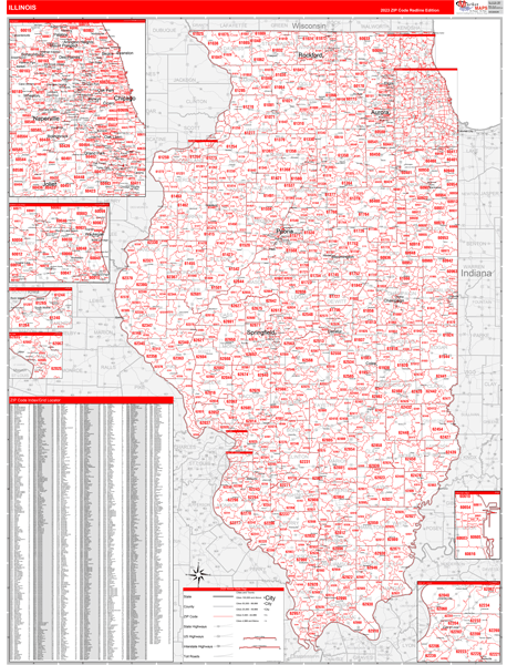 Illinois State Digital Map Red Line Style