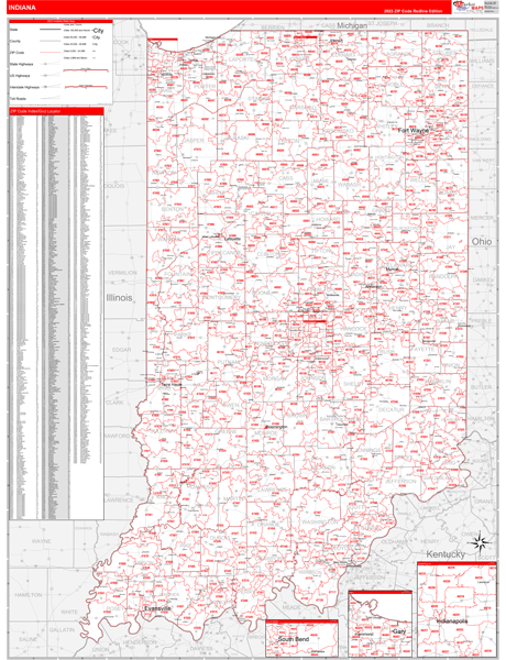 Indiana Zip Code Wall Map Red Line Style by MarketMAPS