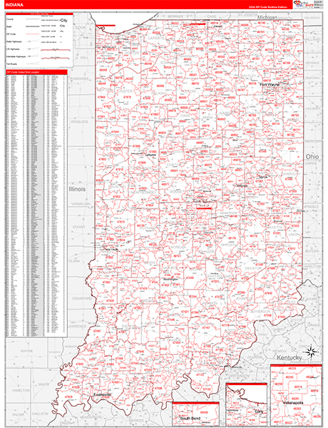 Indiana State Wall Map Red Line Style