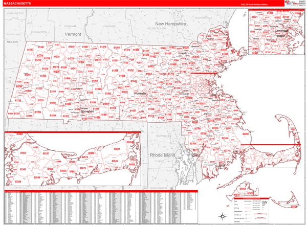 Massachusetts  Zip Code Wall Map