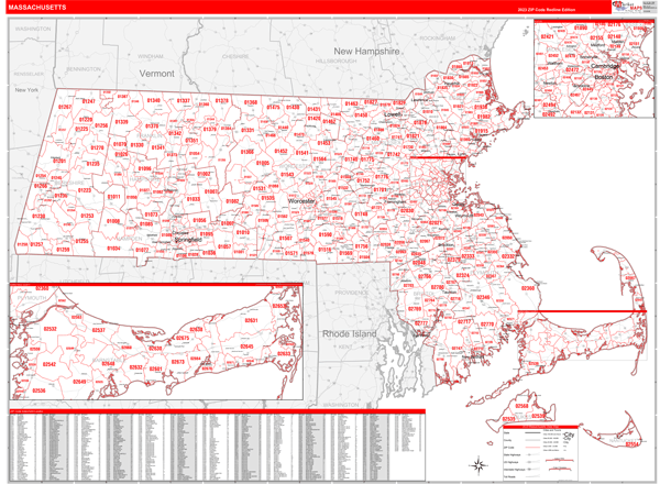 Massachusetts Zip Code Wall Map Red Line Style By Marketmaps Free