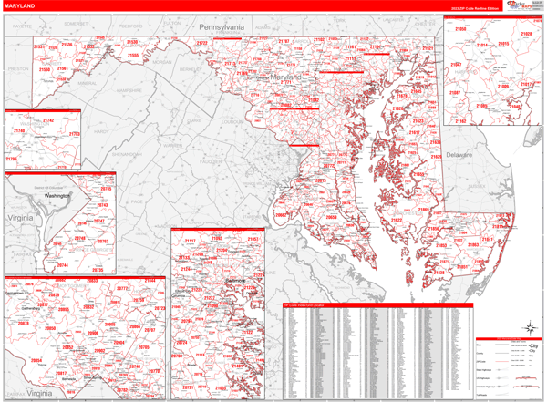 Maryland State Wall Map Red Line Style