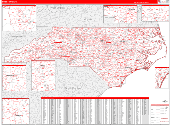 North Carolina State Wall Map Red Line Style