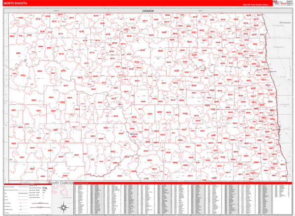 North Dakota State Wall Map Red Line Style
