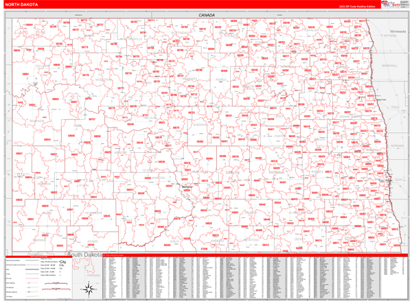 North Dakota Zip Code Wall Map Red Line Style By MarketMAPS MapSales