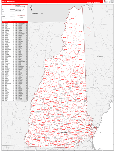 New Hampshire Zip Code Wall Map Red Line Style by MarketMAPS