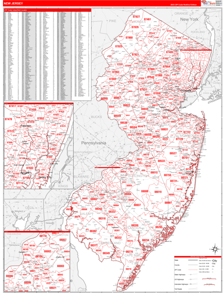 New Jersey State Digital Map Red Line Style