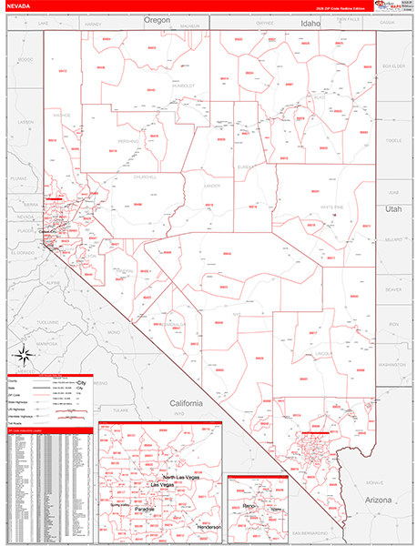 Nevada State Wall Map Red Line Style