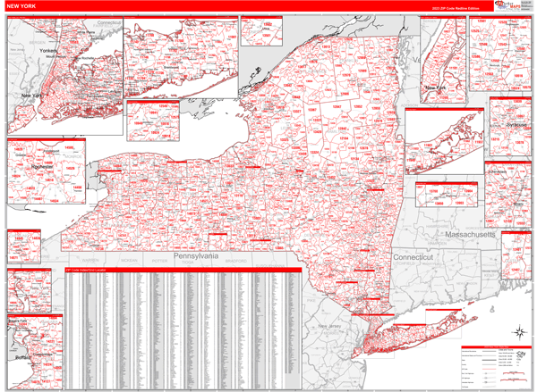 New York Zip Code Wall Map Red Line Style by MarketMAPS