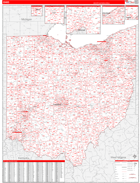 Ohio State Wall Map Red Line Style