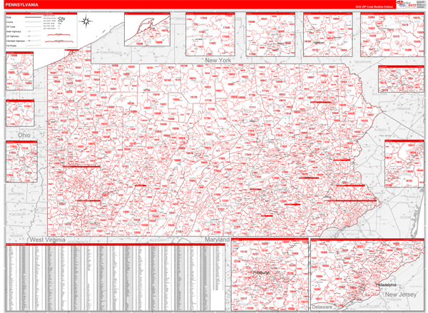 Pennsylvania State Digital Map Red Line Style