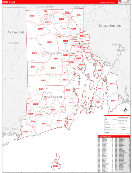 Rhode Island Zip Code Wall Map Red Line Style By MarketMAPS MapSales