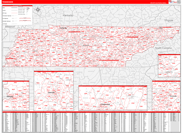 Tennessee State Wall Map Red Line Style