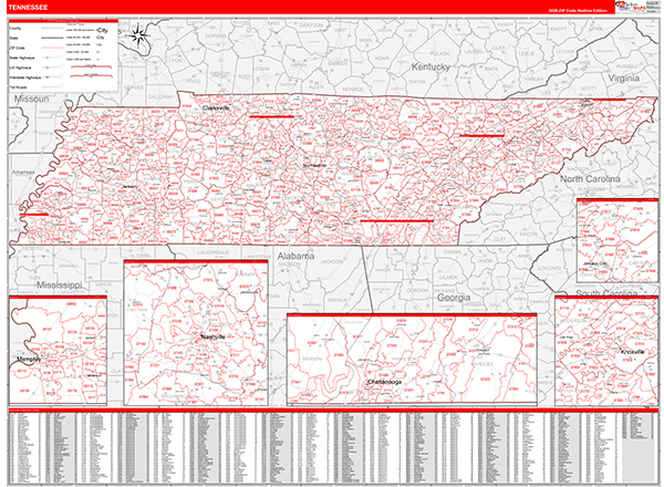 Tennessee  Zip Code Wall Map