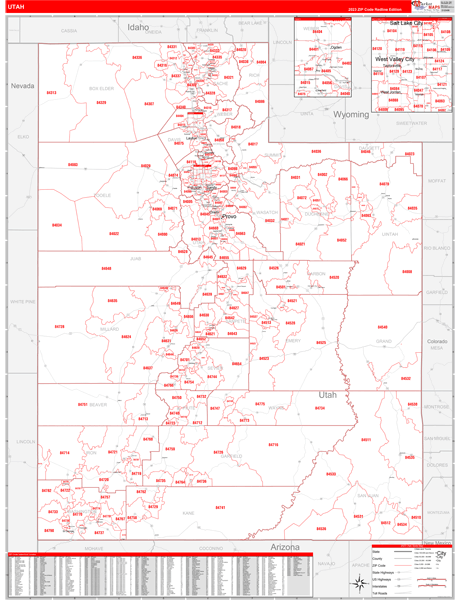 Utah State Wall Map Red Line Style