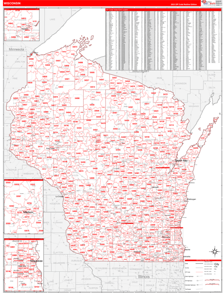 Wisconsin State Wall Map Red Line Style