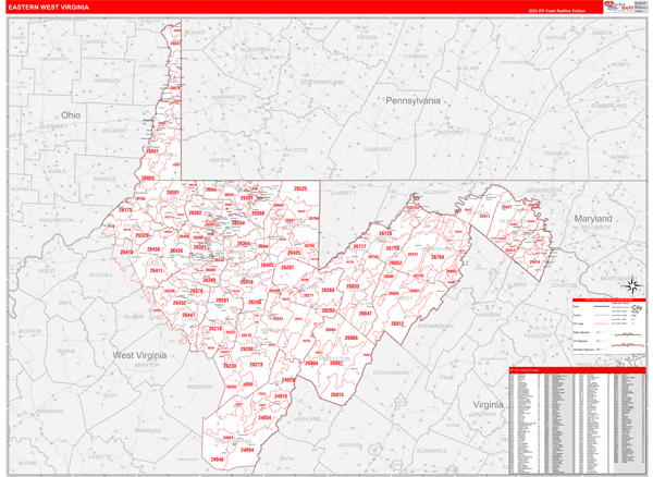 West Virginia Eastern Wall Map Red Line Style by MarketMAPS - MapSales