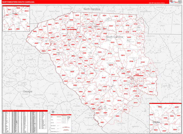 South Carolina North Western Wall Map Red Line Style
