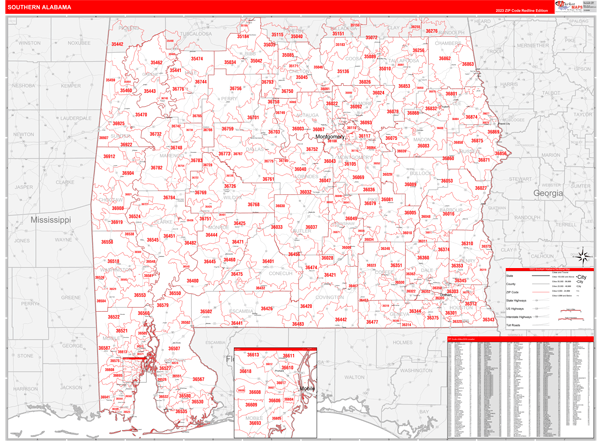 Alabama Southern Wall Map Red Line Style by MarketMAPS - MapSales