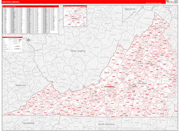 Virginia Western Wall Map Red Line Style by MarketMAPS - MapSales